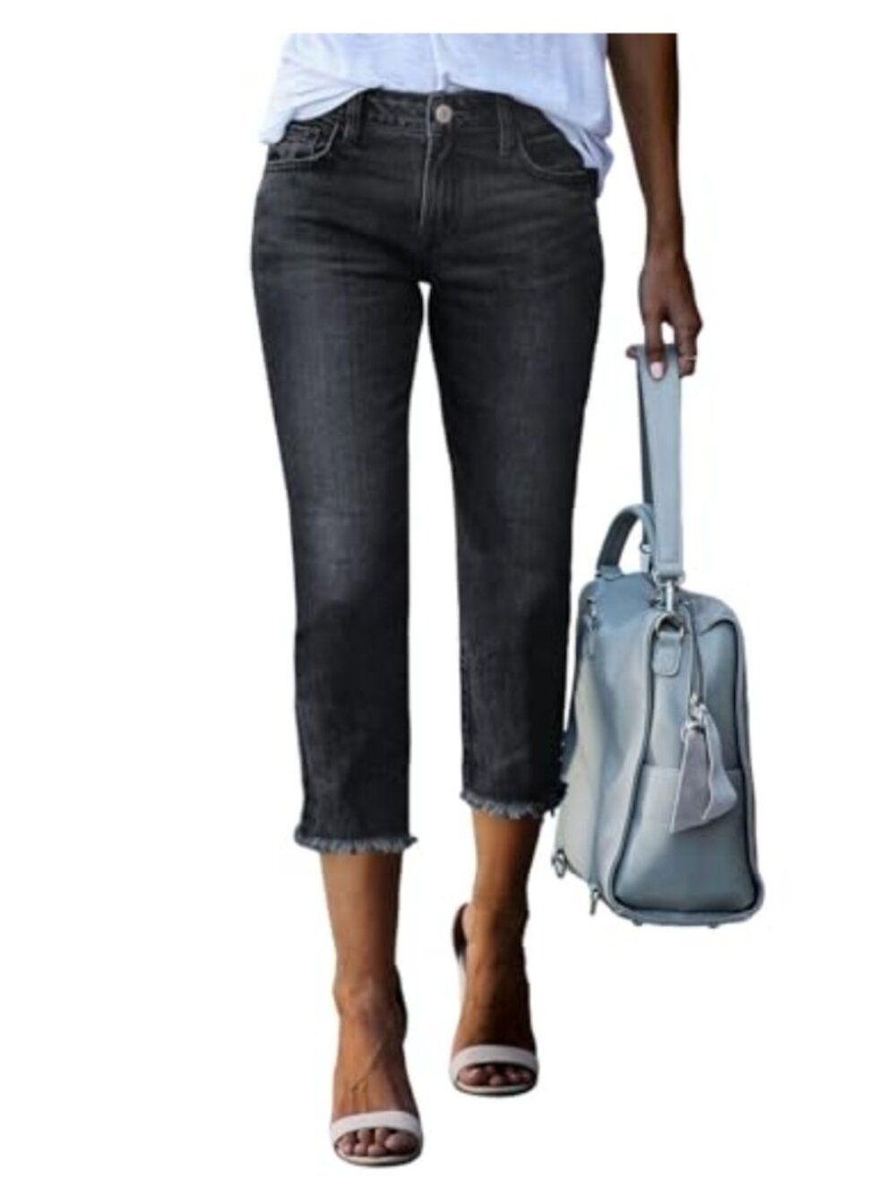 Women's High Waisted Straight Leg Capri Jeans Raw Hem Stretch Cotton Denim